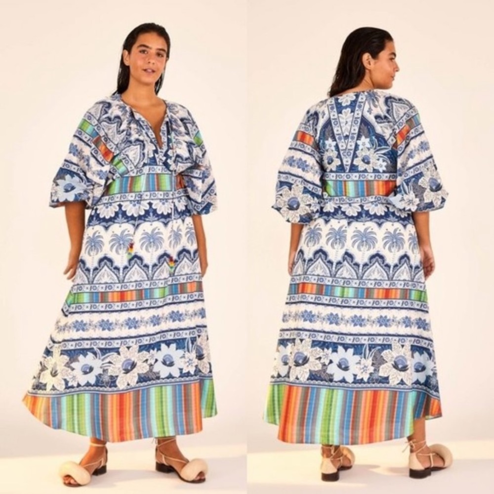FARM RIO BLUE PALMS BALLOON SLEEVE DRESS SIZE MEDIUM NEW with TAGS - Picture 6 of 16
